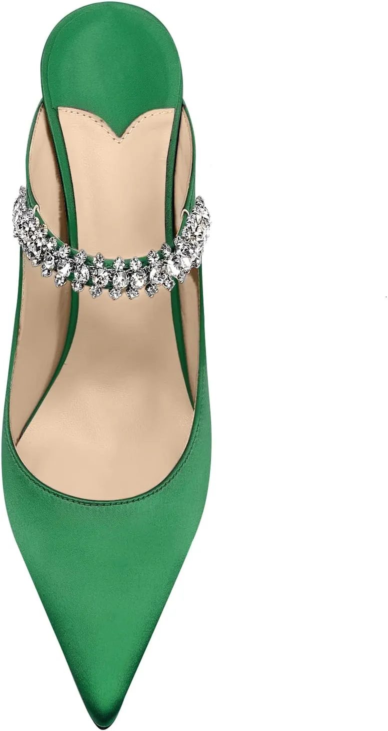 Vaslemuse Women Rhinestone Strap Heel Mules Bridal Pointy Toe Stiletto Heels Dress Pumps Slip On for Wedding Party