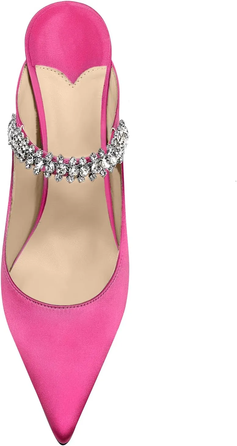 Vaslemuse Women Rhinestone Strap Heel Mules Bridal Pointy Toe Stiletto Heels Dress Pumps Slip On for Wedding Party