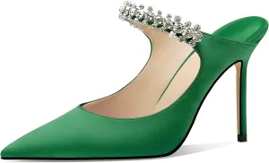 Vaslemuse Women Rhinestone Strap Heel Mules Bridal Pointy Toe Stiletto Heels Dress Pumps Slip On for Wedding Party