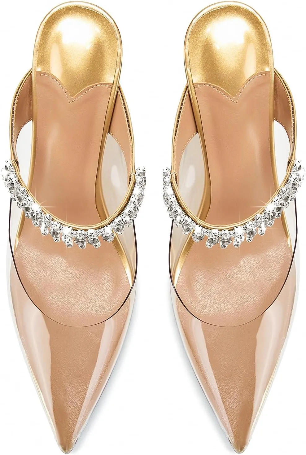Vaslemuse Women Rhinestone Strap Heel Mules Bridal Pointy Toe Stiletto Heels Dress Pumps Slip On for Wedding Party