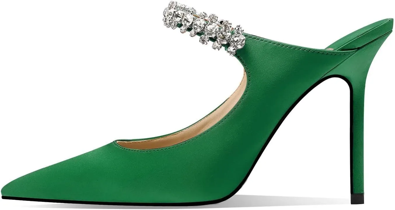 Vaslemuse Women Rhinestone Strap Heel Mules Bridal Pointy Toe Stiletto Heels Dress Pumps Slip On for Wedding Party
