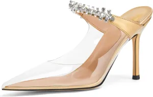 Vaslemuse Women Rhinestone Strap Heel Mules Bridal Pointy Toe Stiletto Heels Dress Pumps Slip On for Wedding Party