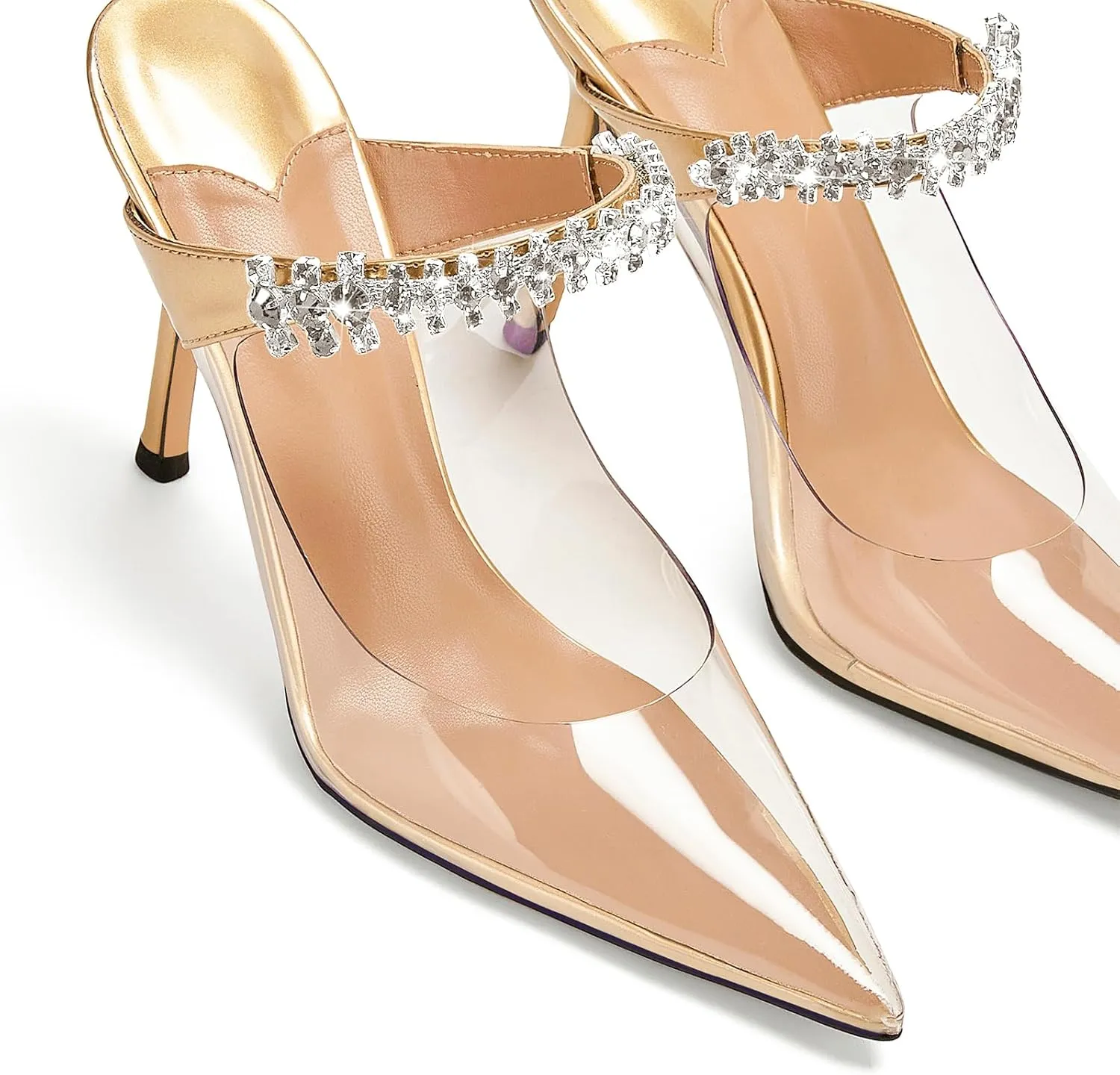 Vaslemuse Women Rhinestone Strap Heel Mules Bridal Pointy Toe Stiletto Heels Dress Pumps Slip On for Wedding Party