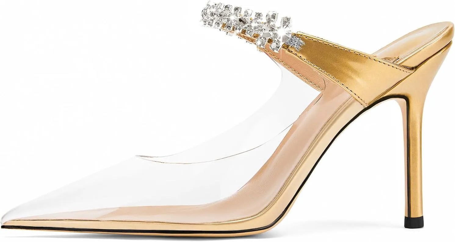 Vaslemuse Women Rhinestone Strap Heel Mules Bridal Pointy Toe Stiletto Heels Dress Pumps Slip On for Wedding Party
