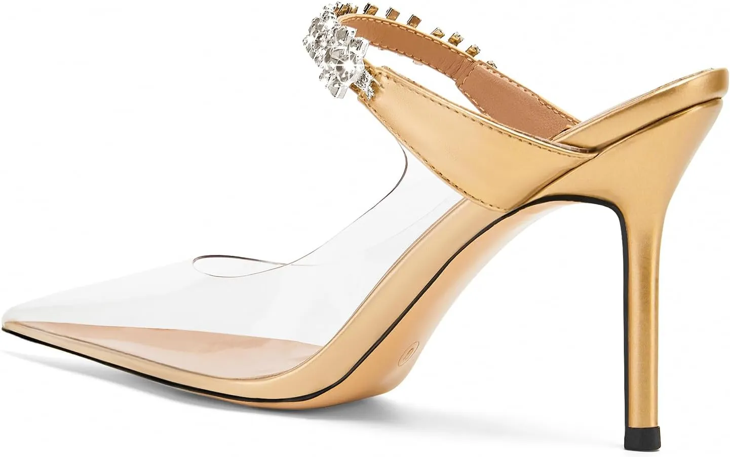 Vaslemuse Women Rhinestone Strap Heel Mules Bridal Pointy Toe Stiletto Heels Dress Pumps Slip On for Wedding Party