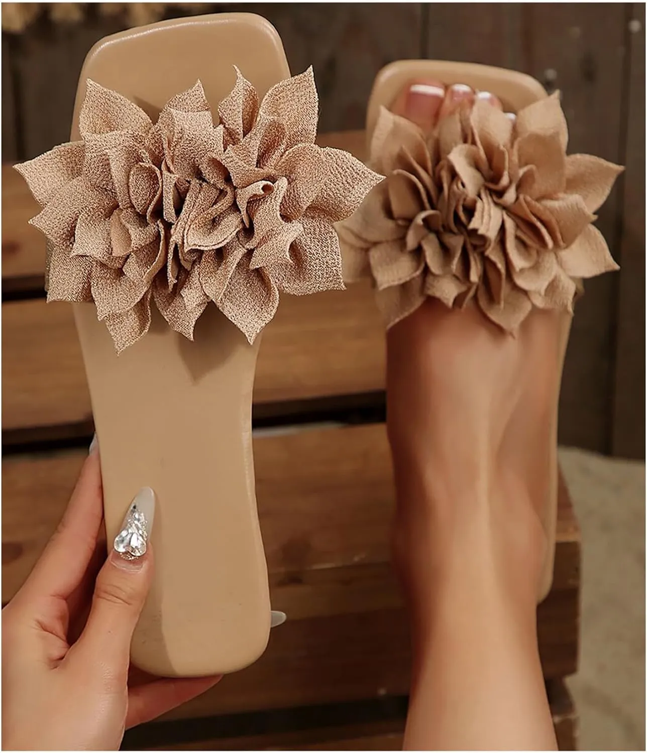 Verdusa Women's 3D Floral PU Leather Flat Sandals Boho Square Open Toe Slides Slippers