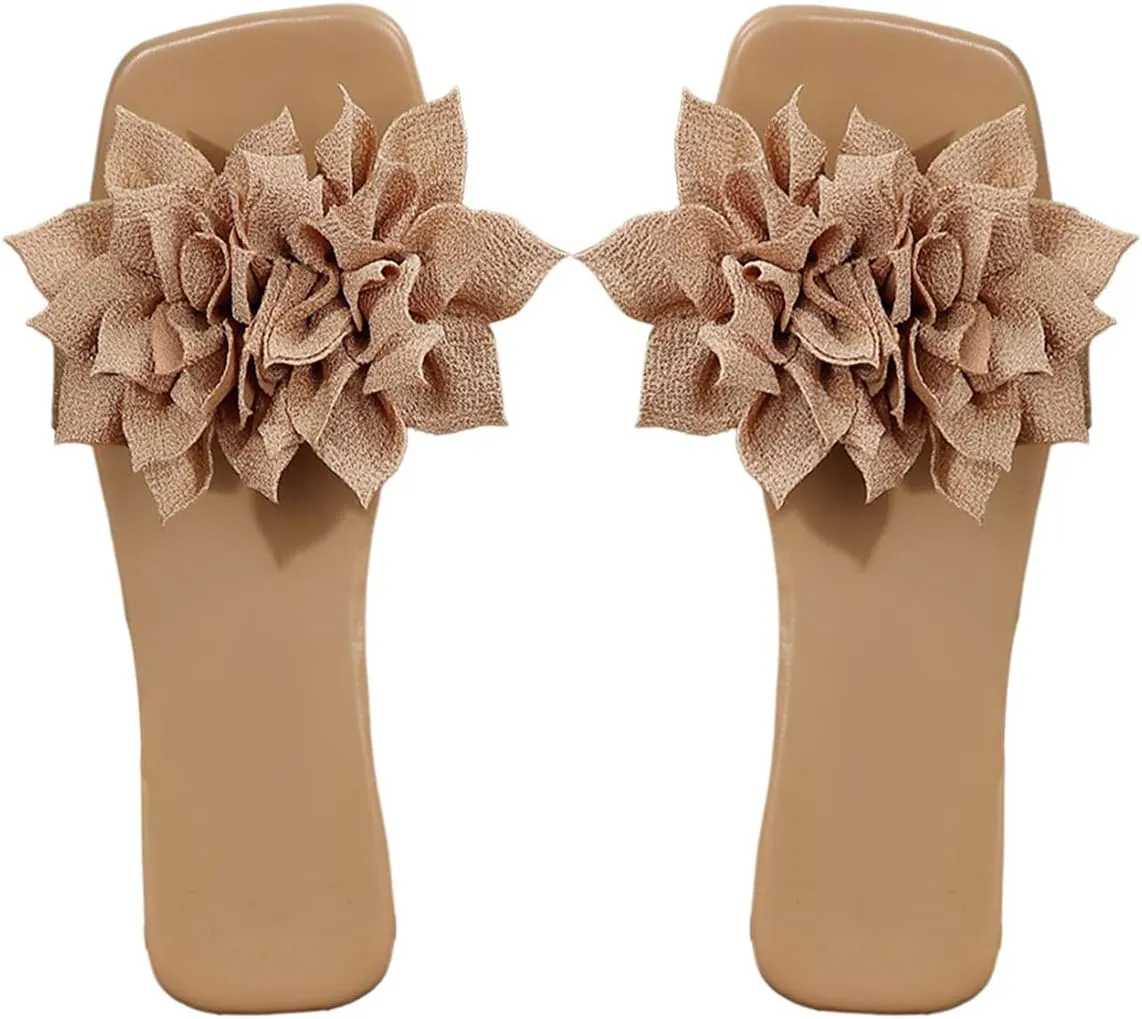 Verdusa Women's 3D Floral PU Leather Flat Sandals Boho Square Open Toe Slides Slippers