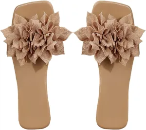 Verdusa Women's 3D Floral PU Leather Flat Sandals Boho Square Open Toe Slides Slippers