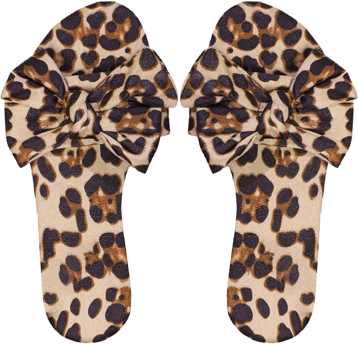 Verdusa Women's Leopard Print Sandals Bow Front Open Toe Slip on Flat Sandals