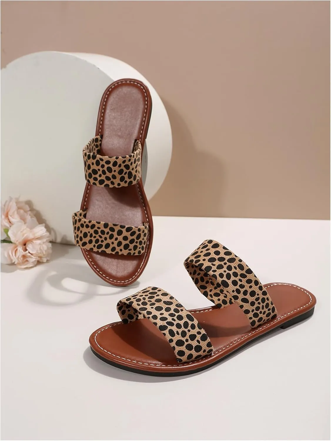 Verdusa Women's PU Leather Rhinestone Slippers Two Strap Open Toe Slip on Flat Sandals