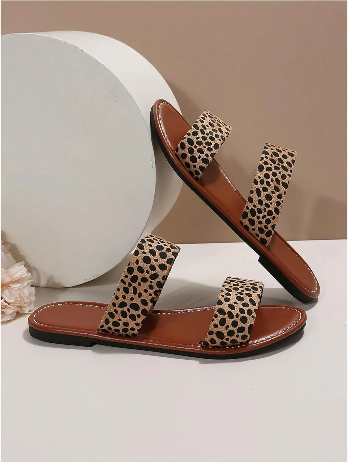 Verdusa Women's PU Leather Rhinestone Slippers Two Strap Open Toe Slip on Flat Sandals