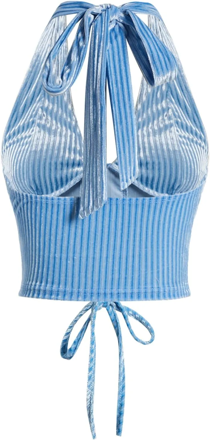Verdusa Women's Sleeveless Halter Neck Lace Up Front Tie Back Crop Top