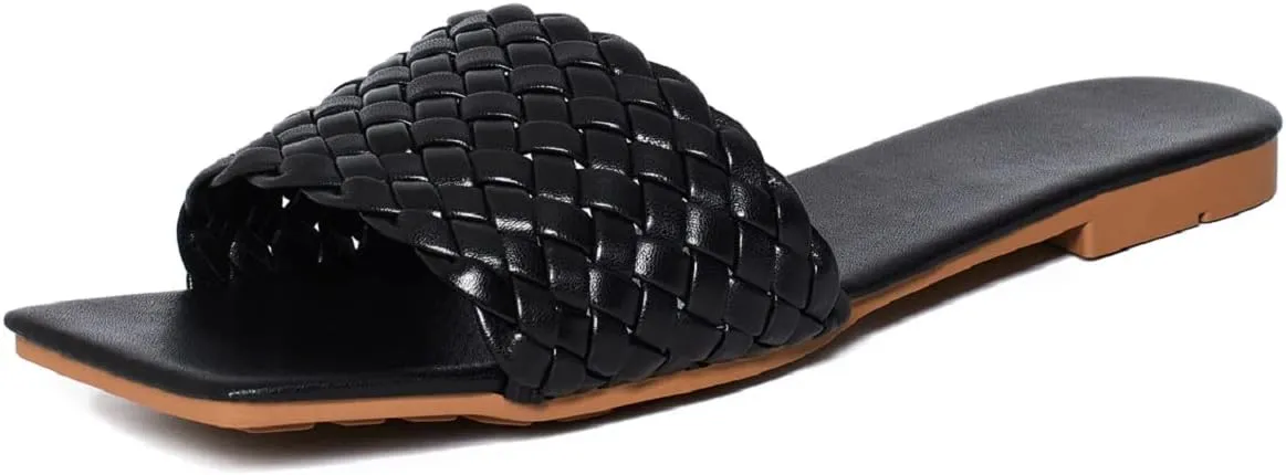 Vertundy Slides For Women Sandals Braided Strap Open Square Toe Flat Slippers Slip On Single Casual Shoes Summer