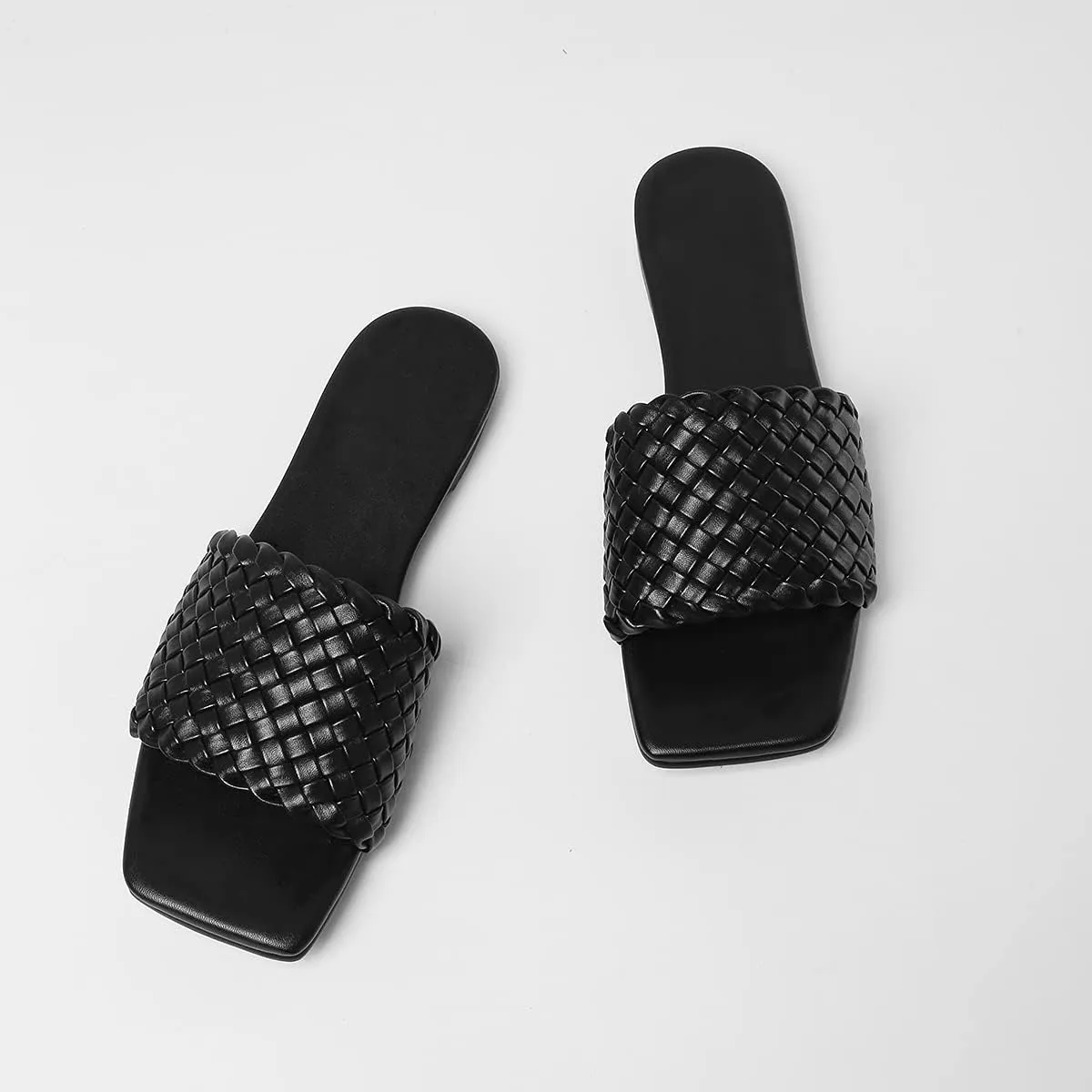 Vertundy Slides For Women Sandals Braided Strap Open Square Toe Flat Slippers Slip On Single Casual Shoes Summer