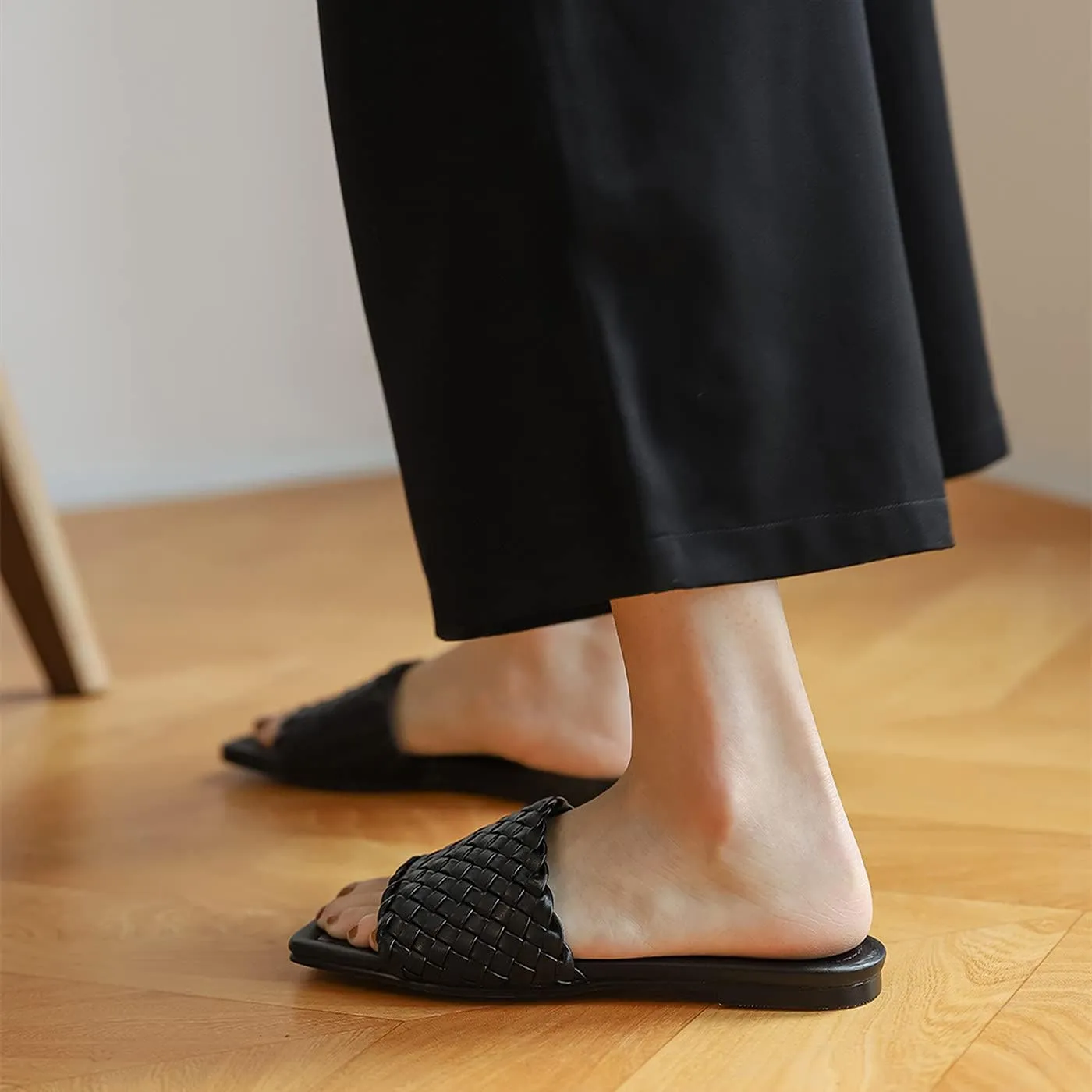 Vertundy Slides For Women Sandals Braided Strap Open Square Toe Flat Slippers Slip On Single Casual Shoes Summer