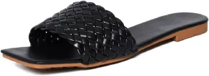 Vertundy Slides For Women Sandals Braided Strap Open Square Toe Flat Slippers Slip On Single Casual Shoes Summer