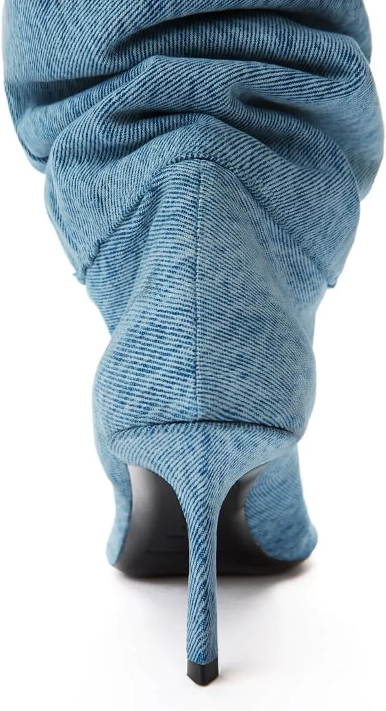 Vertundy Womens Denim Pointed Toe Stiletto Pleated Knee High Boots