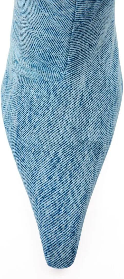 Vertundy Womens Denim Pointed Toe Stiletto Pleated Knee High Boots
