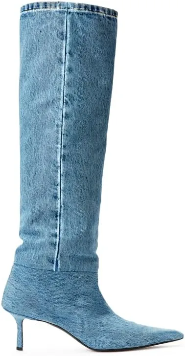 Vertundy Womens Denim Pointed Toe Stiletto Pleated Knee High Boots
