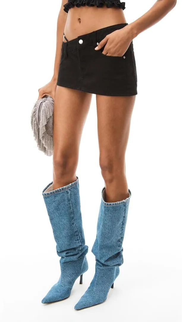 Vertundy Womens Denim Pointed Toe Stiletto Pleated Knee High Boots