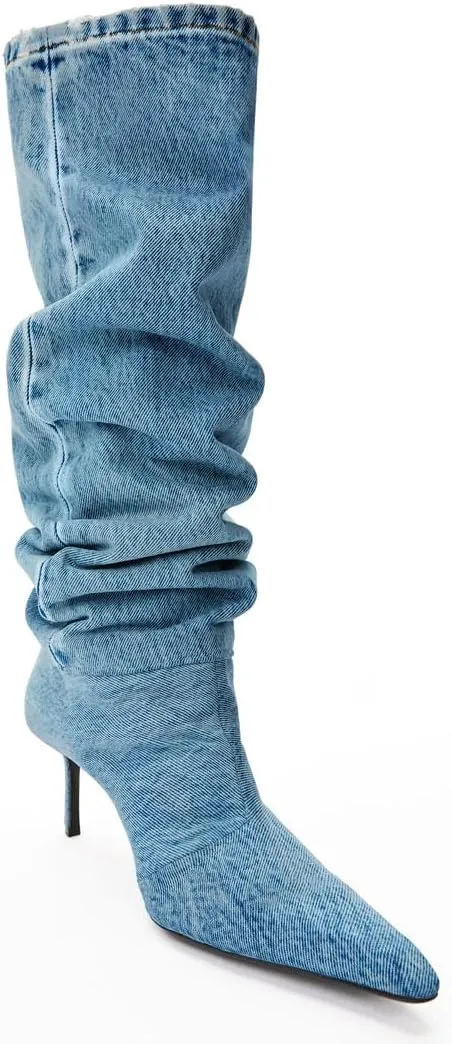Vertundy Womens Denim Pointed Toe Stiletto Pleated Knee High Boots