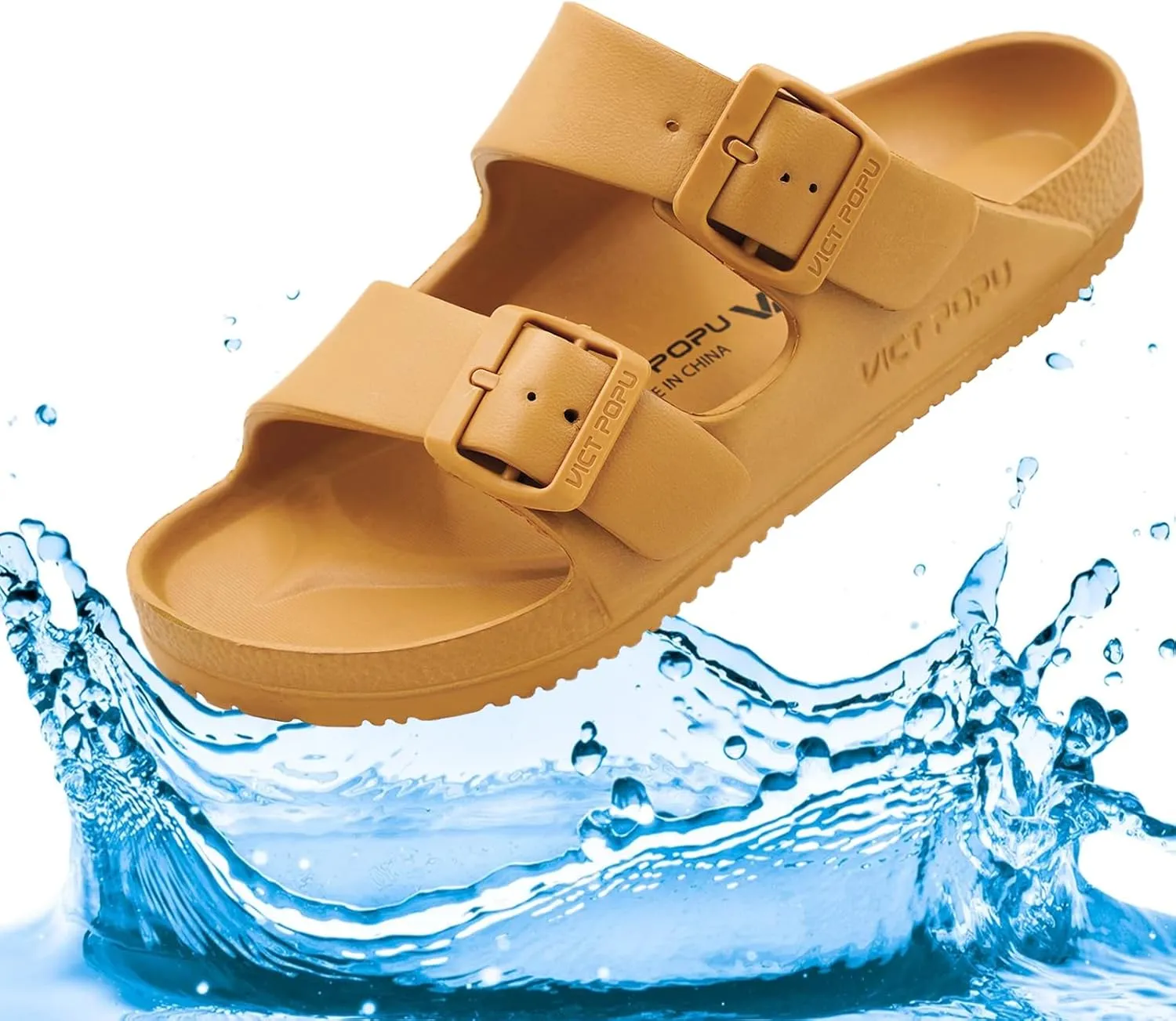VICT POPU Womens Sandals Adjustable Double Buckle Strap Waterproof EVA Flat Slides