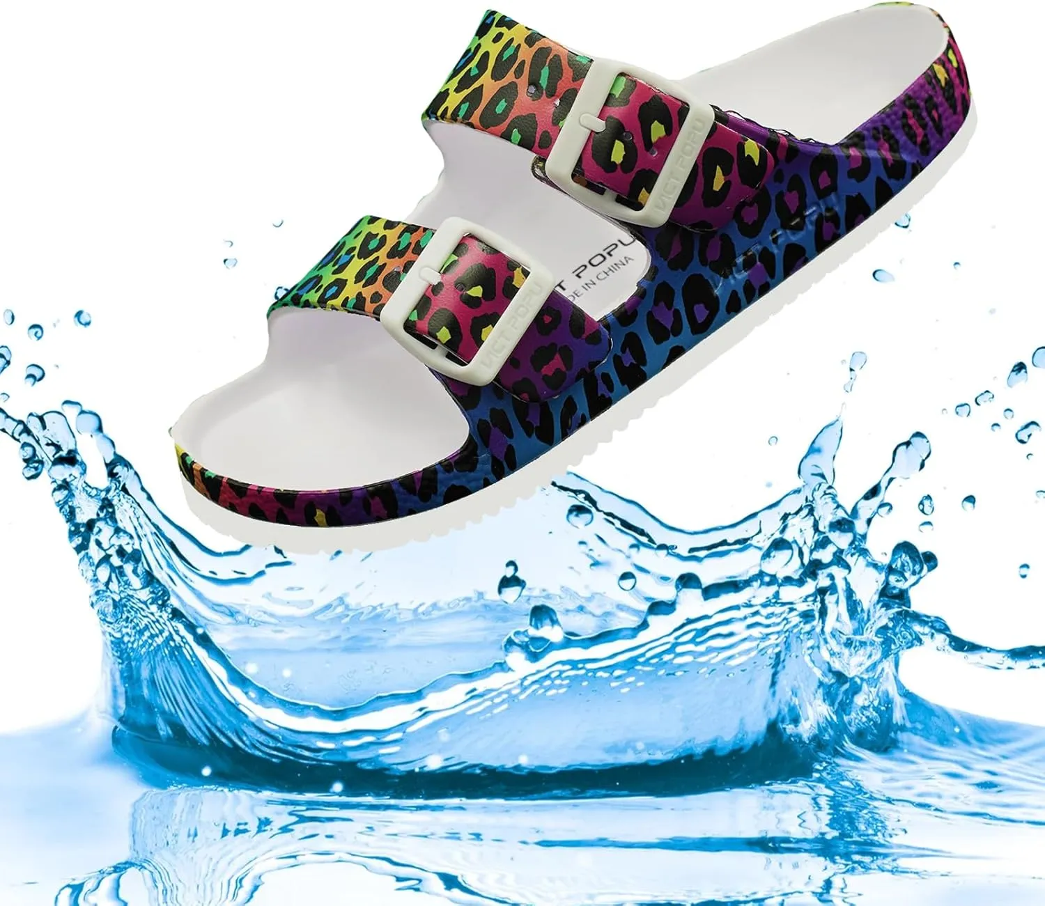 VICT POPU Womens Sandals Adjustable Double Buckle Strap Waterproof EVA Flat Slides