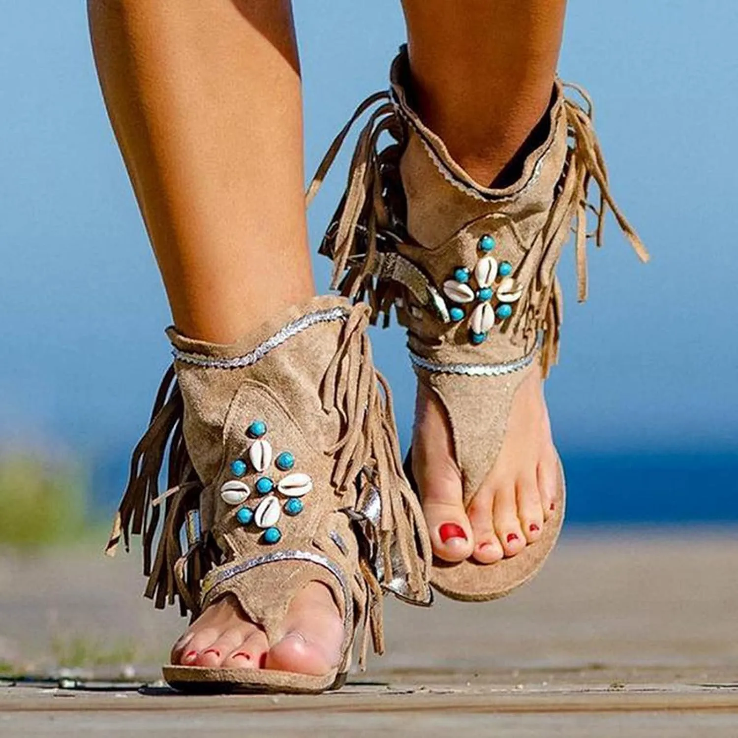 Vintage Flat Sandals for Women Bohemian Retro Tassel Beaded Buckle Clip Toe Flip Flops Lightweight Comfortable Ladies Roman Beach Shoes Slipper