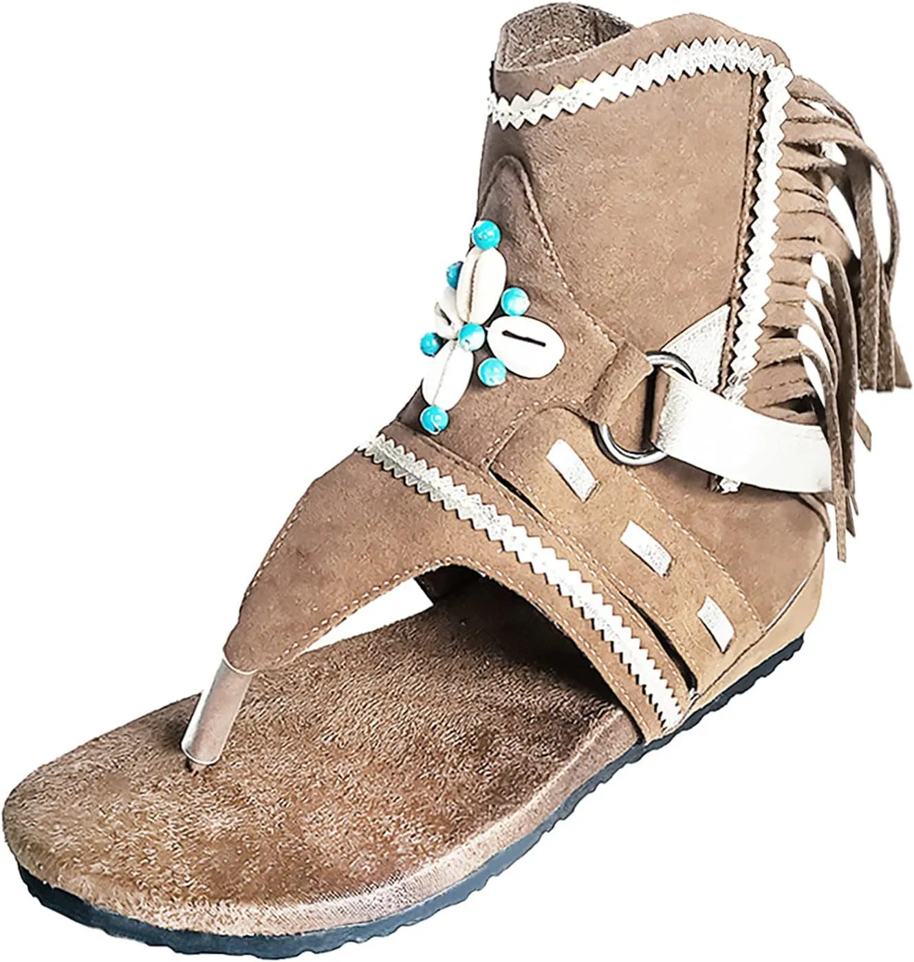 Vintage Flat Sandals for Women Bohemian Retro Tassel Beaded Buckle Clip Toe Flip Flops Lightweight Comfortable Ladies Roman Beach Shoes Slipper