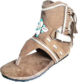 Vintage Flat Sandals for Women Bohemian Retro Tassel Beaded Buckle Clip Toe Flip Flops Lightweight Comfortable Ladies Roman Beach Shoes Slipper