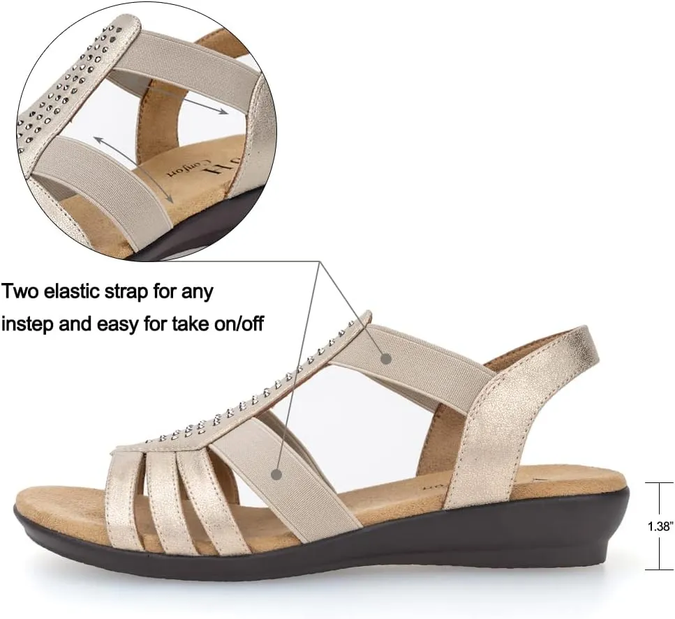 VJH confort Women's Flat Sandals, Comfort Elastic Slip-on Light Weight Slingback Casual Walking Sandals with Rhinestone