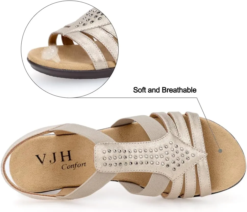 VJH confort Women's Flat Sandals, Comfort Elastic Slip-on Light Weight Slingback Casual Walking Sandals with Rhinestone