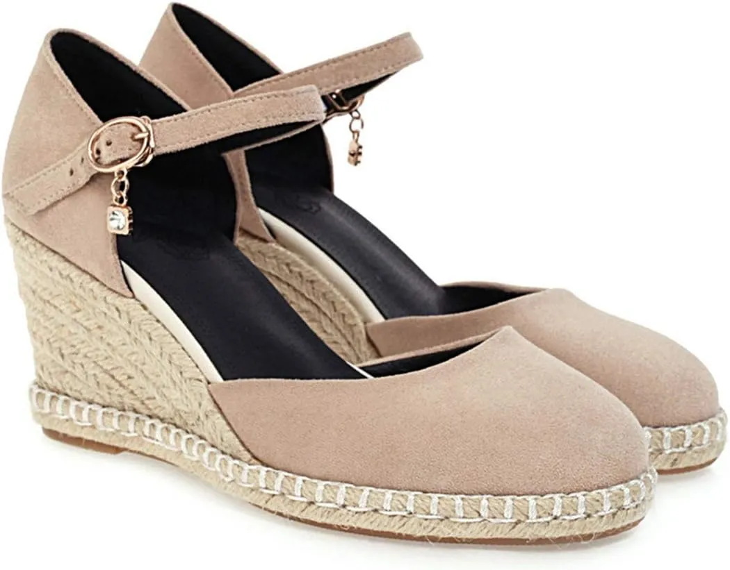 VOKLIN Women's Espadrilles Wedge Dress Pumps Round Toe Suede Ankle Strap Casual Platform High Heel Pump Shoes