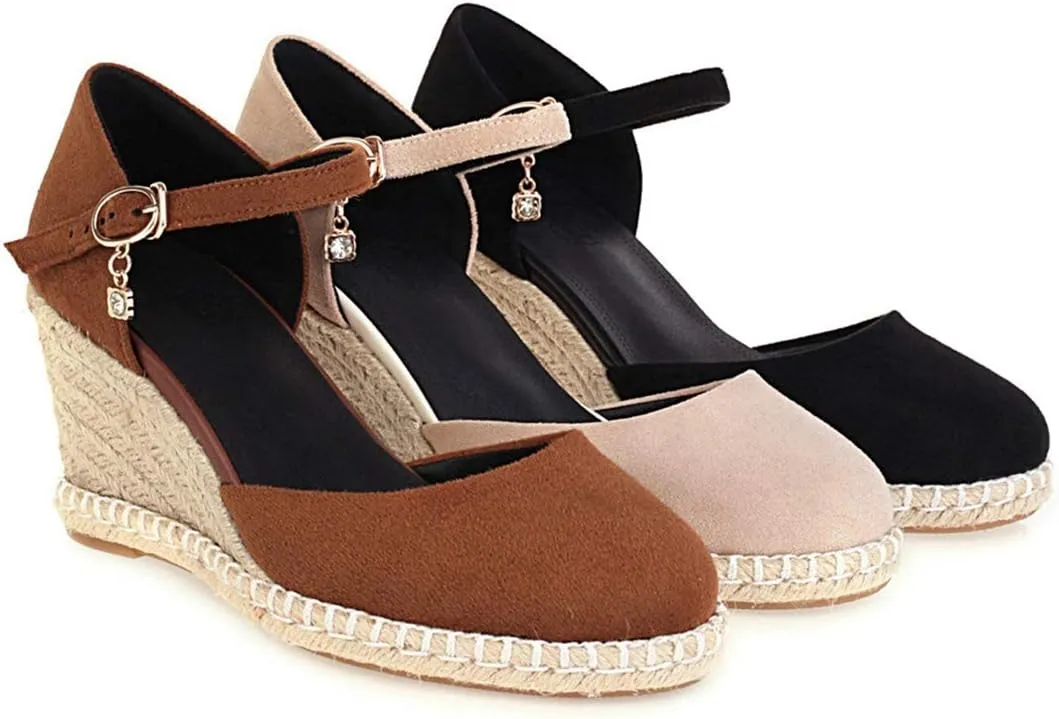 VOKLIN Women's Espadrilles Wedge Dress Pumps Round Toe Suede Ankle Strap Casual Platform High Heel Pump Shoes