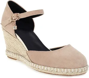 VOKLIN Women's Espadrilles Wedge Dress Pumps Round Toe Suede Ankle Strap Casual Platform High Heel Pump Shoes