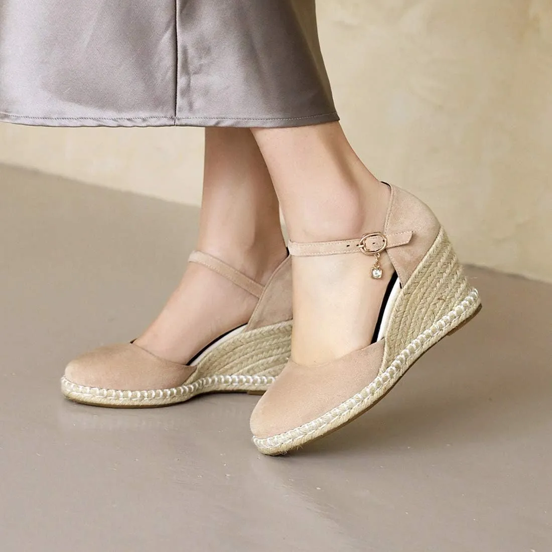 VOKLIN Women's Espadrilles Wedge Dress Pumps Round Toe Suede Ankle Strap Casual Platform High Heel Pump Shoes