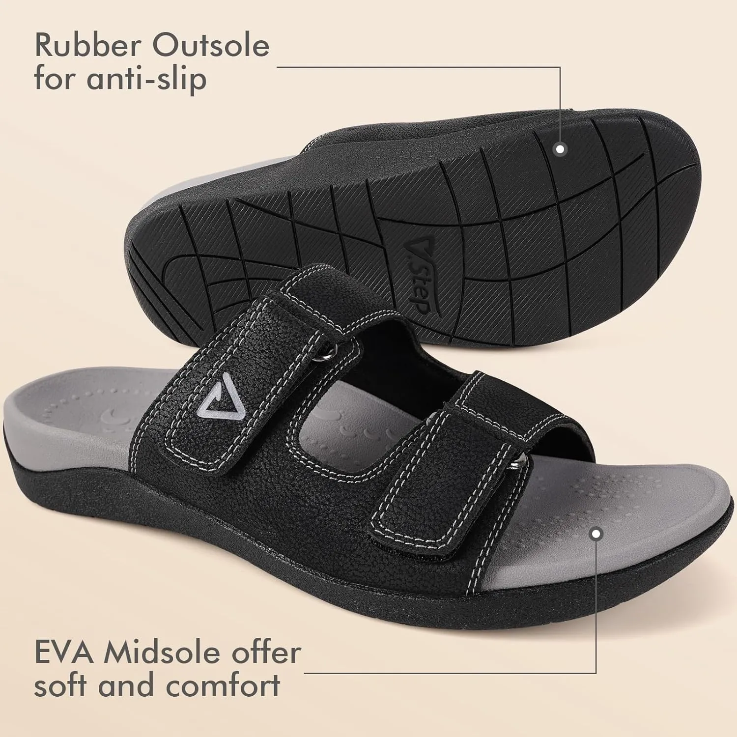V.Step Orthopedic Slides with Arch Support for Women Men, Adjustable Orthotic Sandals for Plantar Fasciitis Pain Relief Indoor Outdoor Black W12/M11