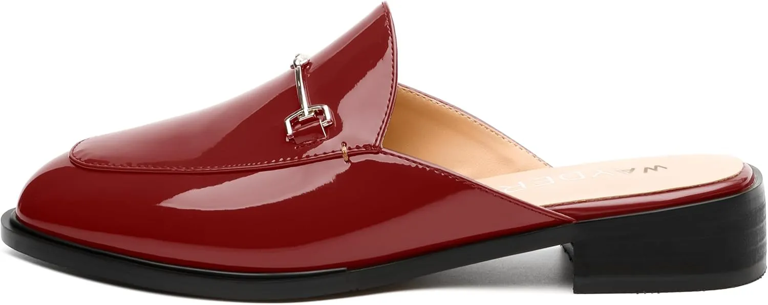 WAYDERNS Mules for Women Slides Loafer Shoes with Low Block Heel Round Closed Toe Comfortable Casual Patent Slip on Backless Loafers Work Business Office Shopping Buckle Mules