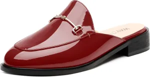 WAYDERNS Mules for Women Slides Loafer Shoes with Low Block Heel Round Closed Toe Comfortable Casual Patent Slip on Backless Loafers Work Business Office Shopping Buckle Mules