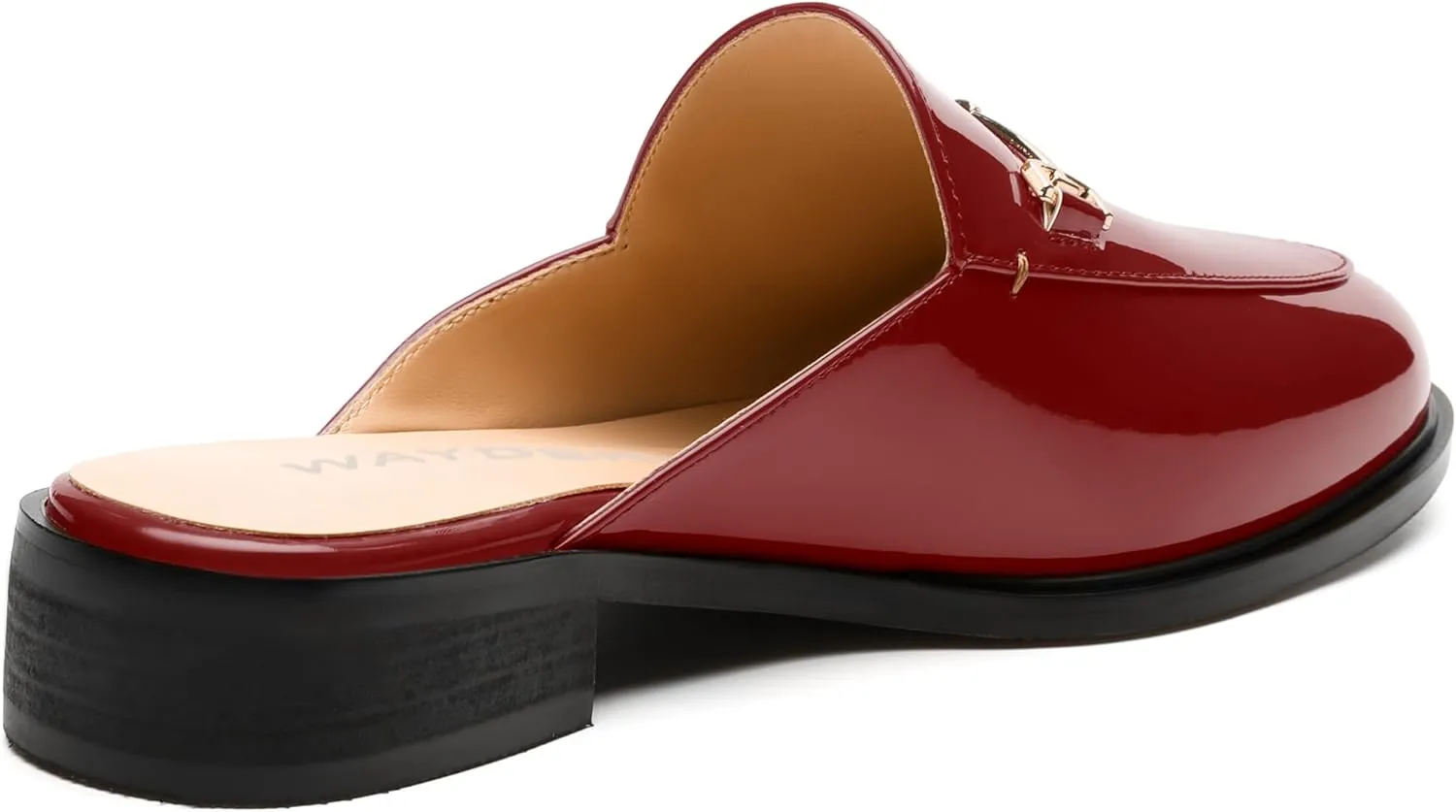 WAYDERNS Mules for Women Slides Loafer Shoes with Low Block Heel Round Closed Toe Comfortable Casual Patent Slip on Backless Loafers Work Business Office Shopping Buckle Mules