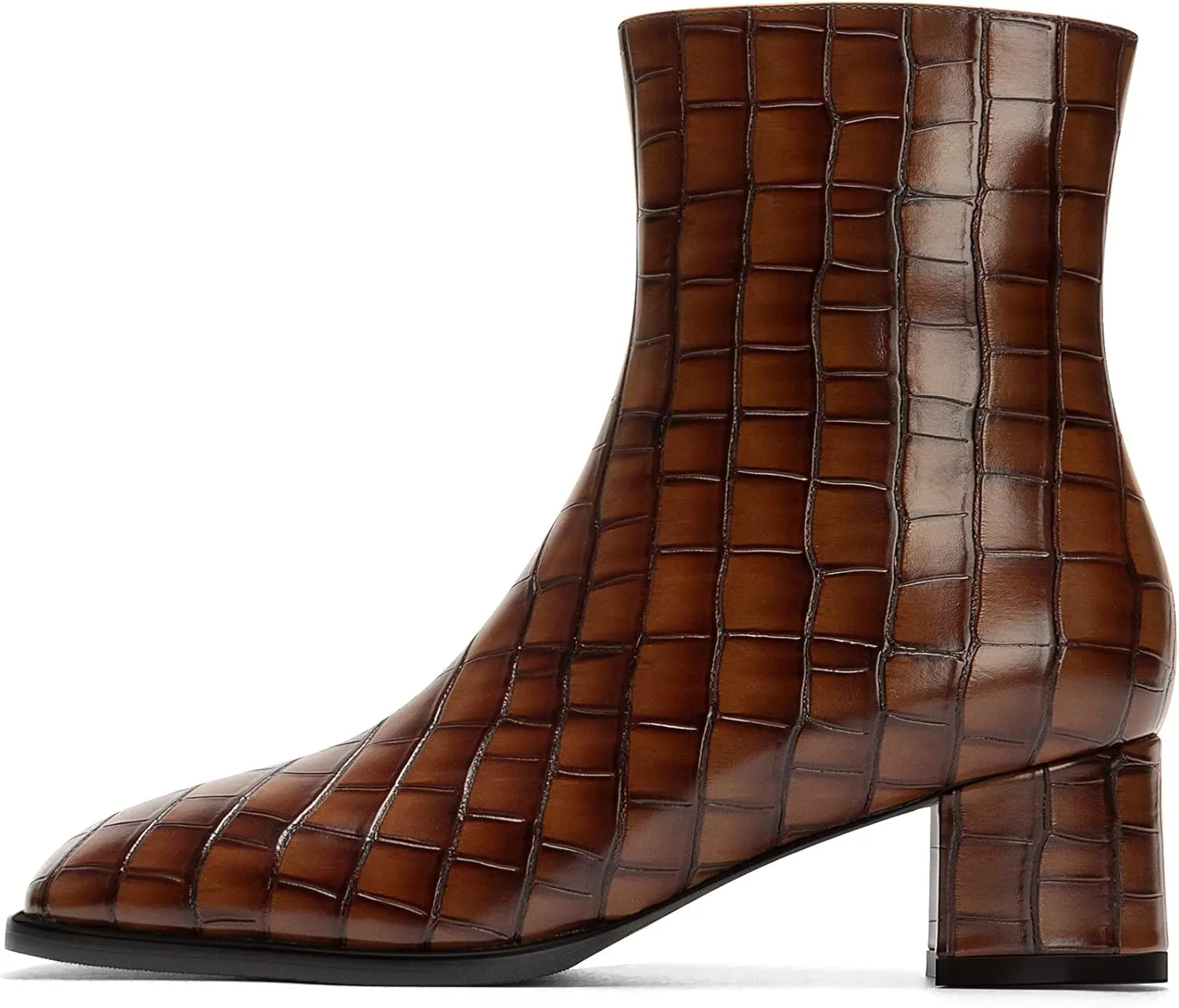 WAYDERNS Women's Square Toe Microfiber Zip Crocodile Print Chunky Low Heel Ankle High Boots 2 Inch