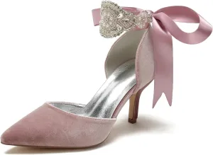 Wedding Bridal Pointed Toe Womens High Heel Shoes Ankle Buckle Pumps Rhinestones Heeled Bowknot Court Sandals Evening Party Dress,Pink,8.5