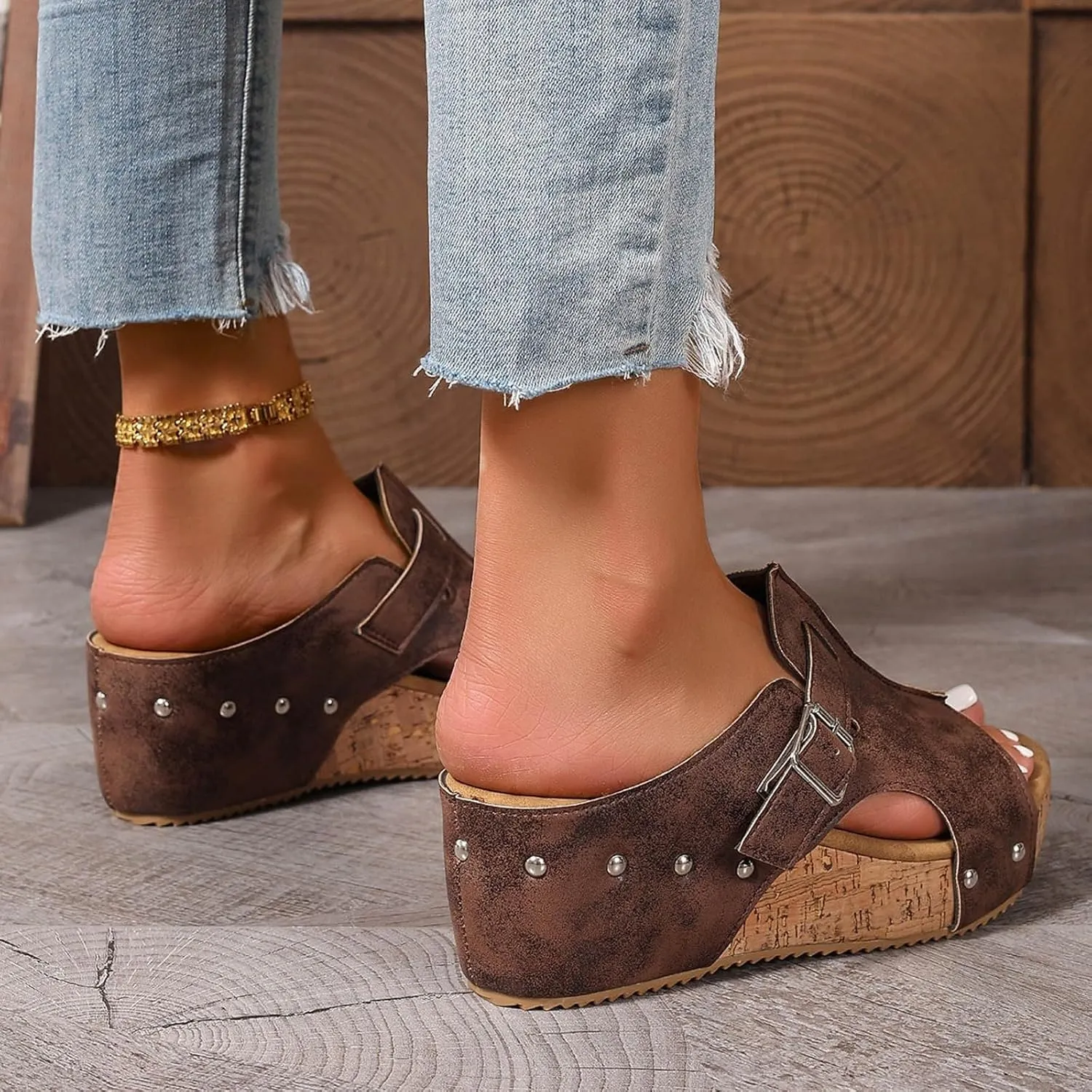 Wedge Sandals for Women Dressy Open Toe Slip On Slides Comfortable Cork Heeled Summer Platform Wedge Shoes Mules