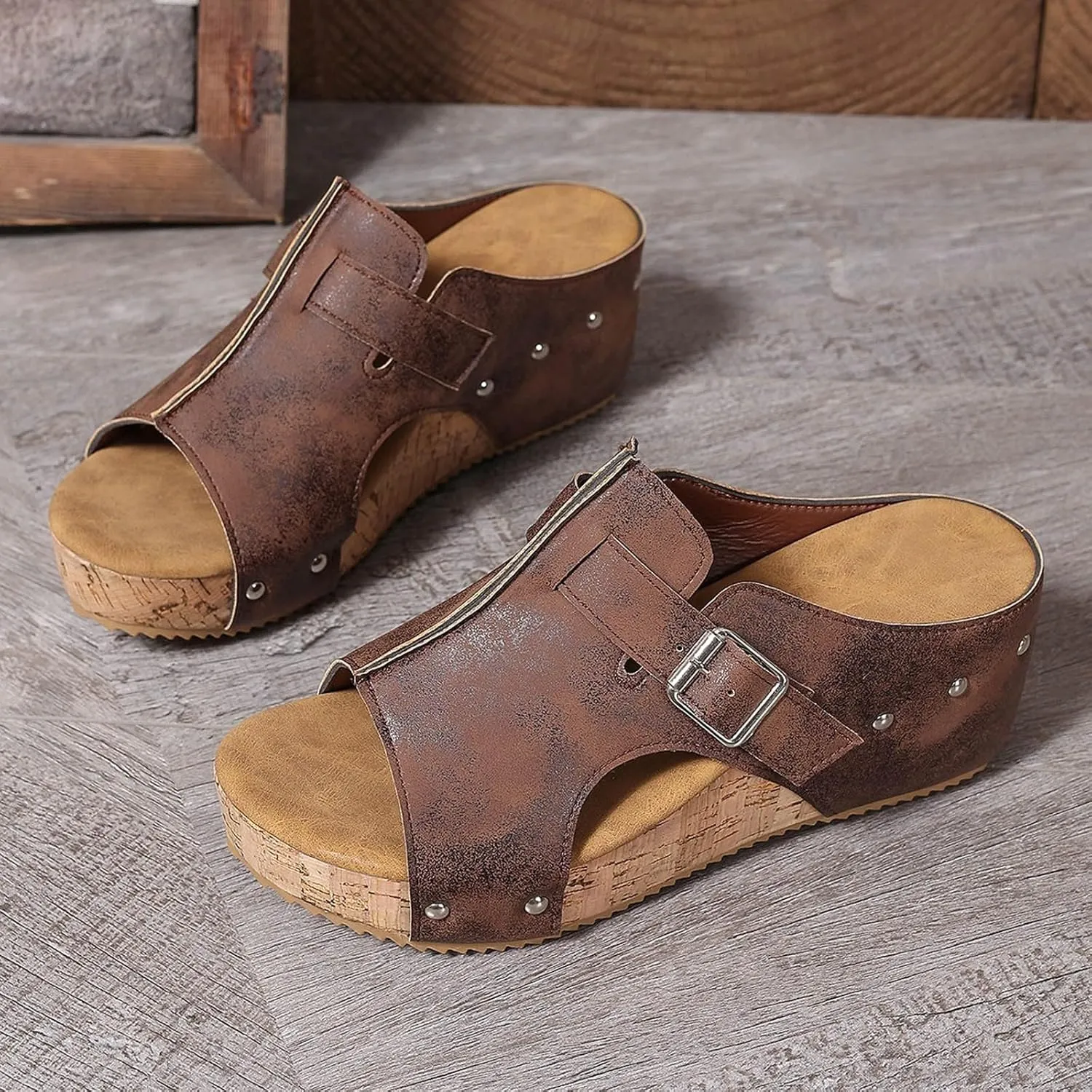 Wedge Sandals for Women Dressy Open Toe Slip On Slides Comfortable Cork Heeled Summer Platform Wedge Shoes Mules