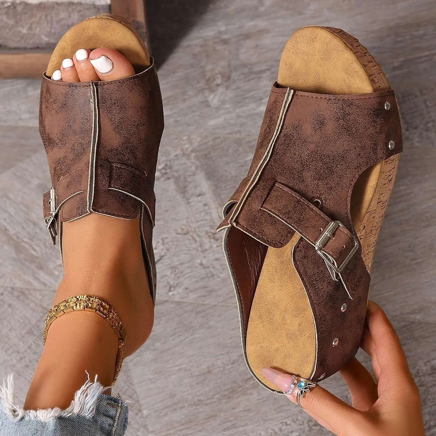 Wedge Sandals for Women Dressy Open Toe Slip On Slides Comfortable Cork Heeled Summer Platform Wedge Shoes Mules