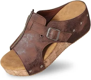 Wedge Sandals for Women Dressy Open Toe Slip On Slides Comfortable Cork Heeled Summer Platform Wedge Shoes Mules