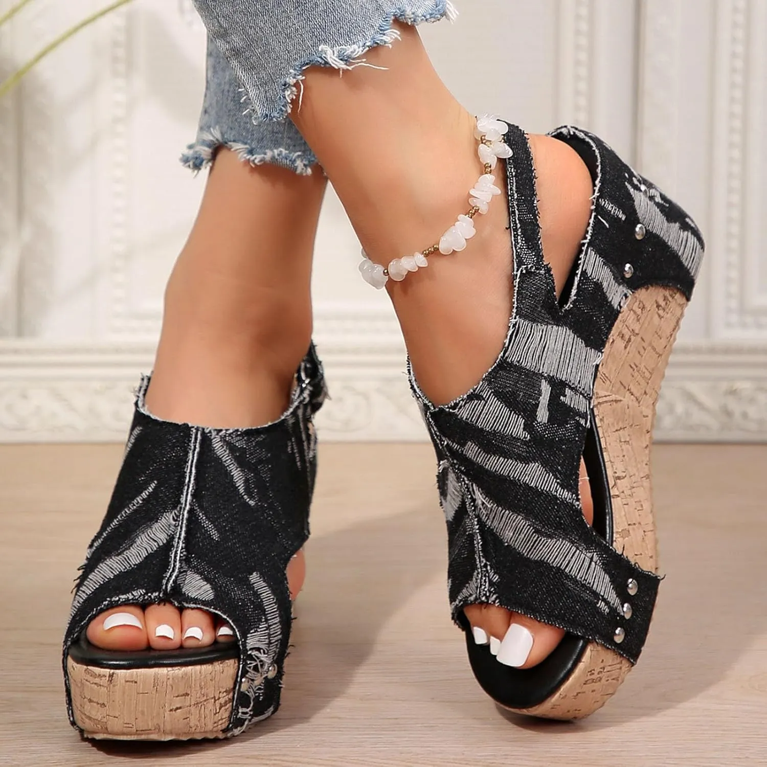 Wedge Sandals for Women Dressy Summer, Womens Comfortable Open-Toe Espadrilles Platform Sandals Ankle Strap Sandals Leather Sandals Casual Low Wedges Walking Strappy Slip on Sandals (Black-2, 9.5)