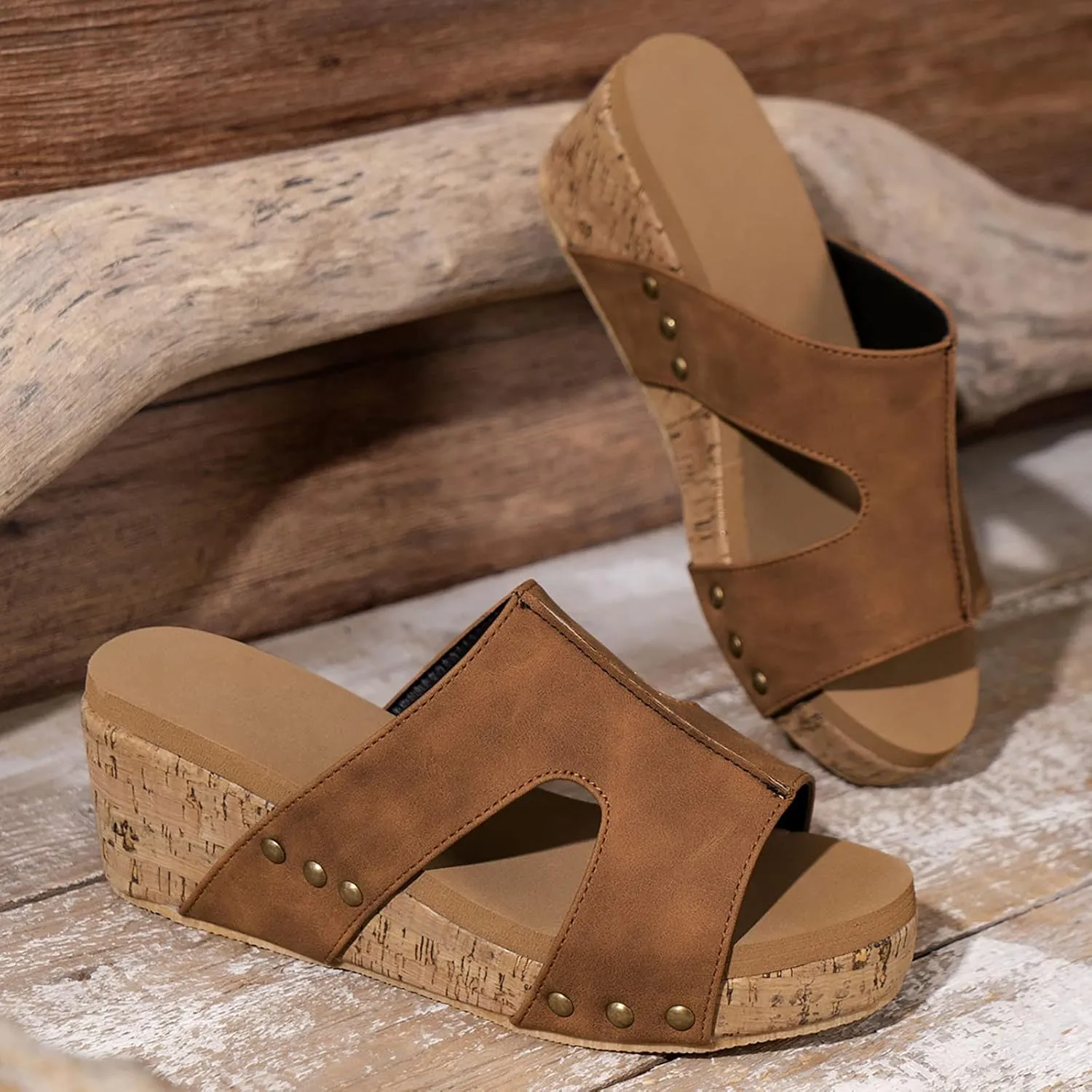 Wedge Sandals for Women Dressy Summer, Womens Open Toe Espadrilles Platform Sandals Buckle Ankle Strap Wedge Sandals Leather Sandals Casual Low Wedges Walking Strappy Slip on Sandals (D-Brown, 8)