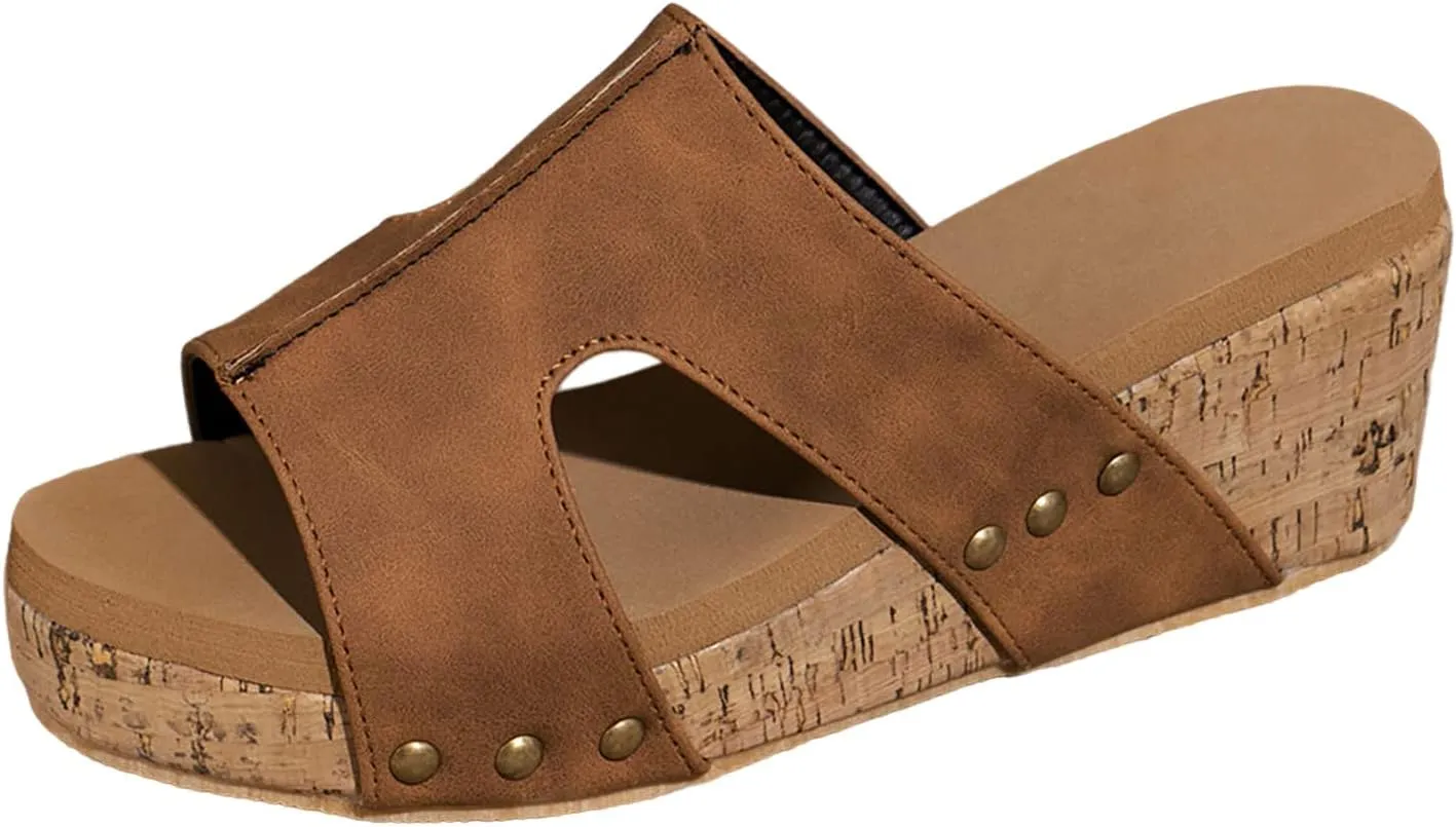 Wedge Sandals for Women Dressy Summer, Womens Open Toe Espadrilles Platform Sandals Buckle Ankle Strap Wedge Sandals Leather Sandals Casual Low Wedges Walking Strappy Slip on Sandals (D-Brown, 8)
