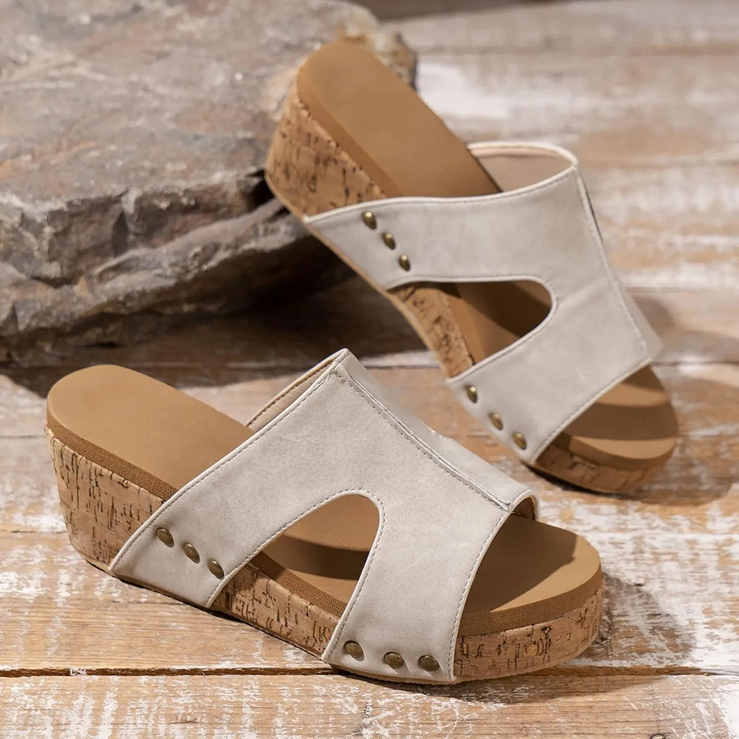 Wedge Sandals for Women Dressy Summer, Womens Open Toe Espadrilles Platform Sandals Buckle Ankle Strap Wedge Sandals Leather Sandals Casual Low Wedges Walking Strappy Slip on Sandals (D-Grey, 6.5)
